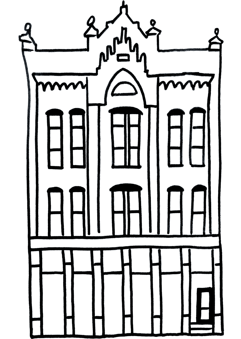 Line drawing of the historic Dakota Business College located in Downtown Fargo, North Dakota, home to Nupolitan design studio