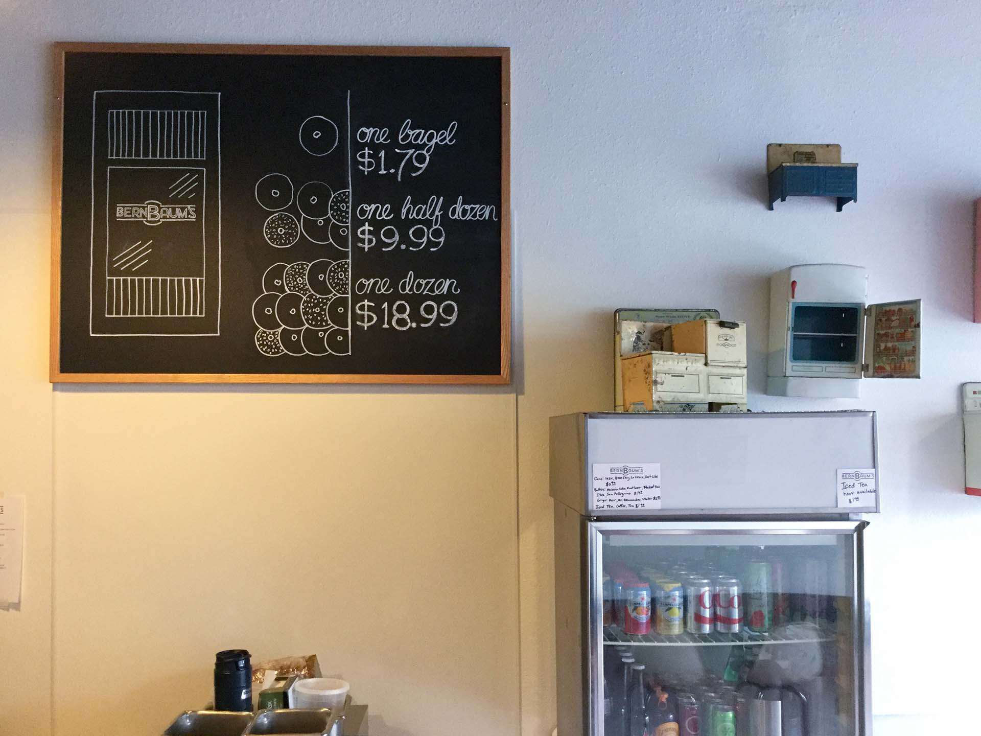 Pricing chalkboard on display in BernBaum's near refrigerator