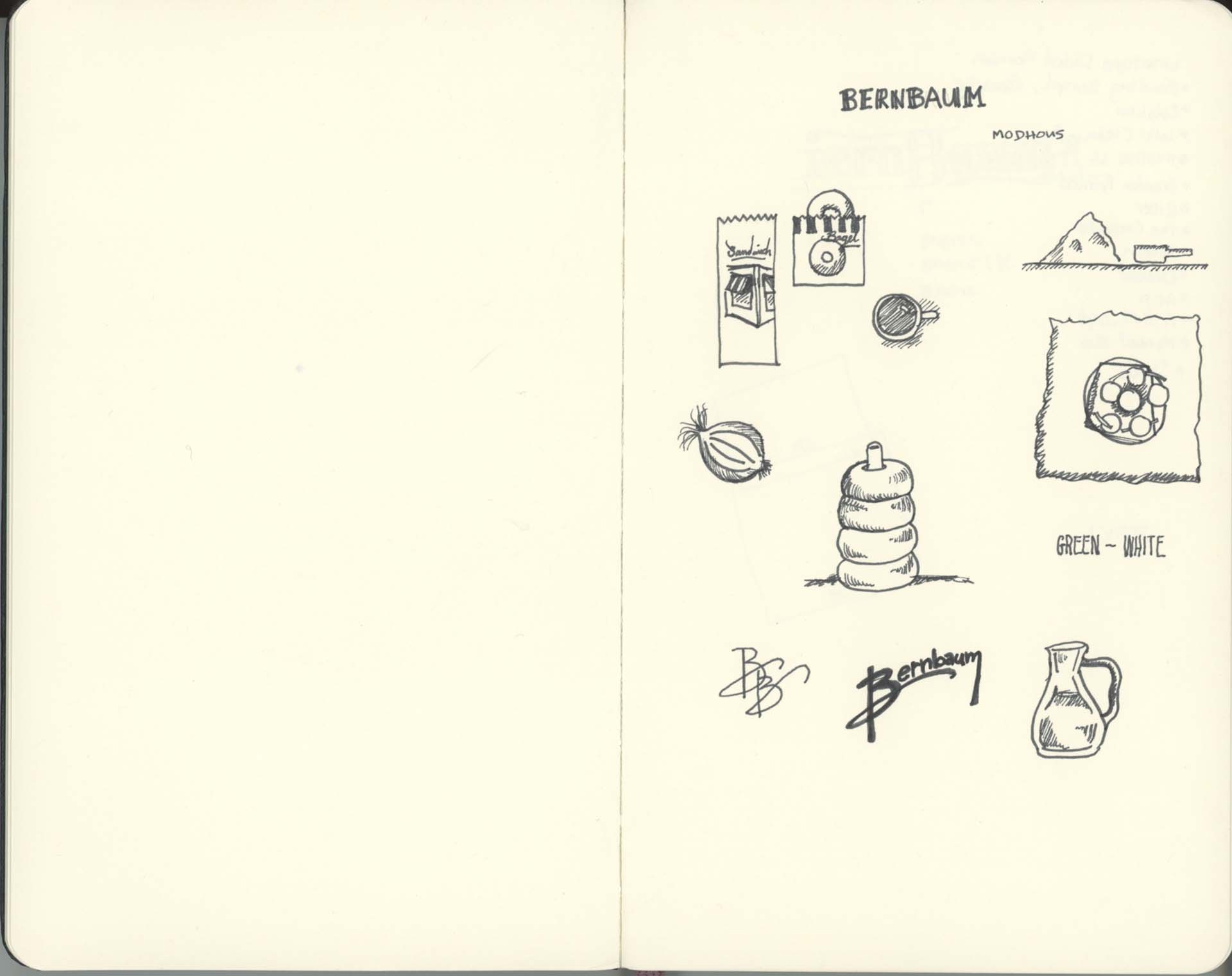 Scan of sketchbook pages containing illustrations of bagels and toppings