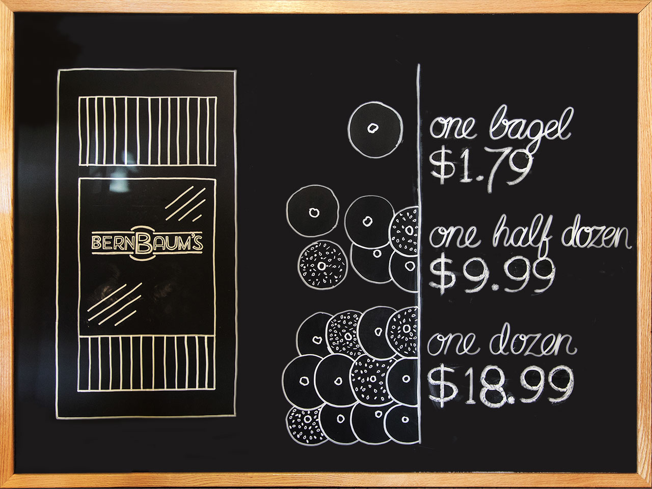 Black chalkboard with white chalked pricing of bagels, illustrations of plain and seeded bagels, and BernBaum's front door