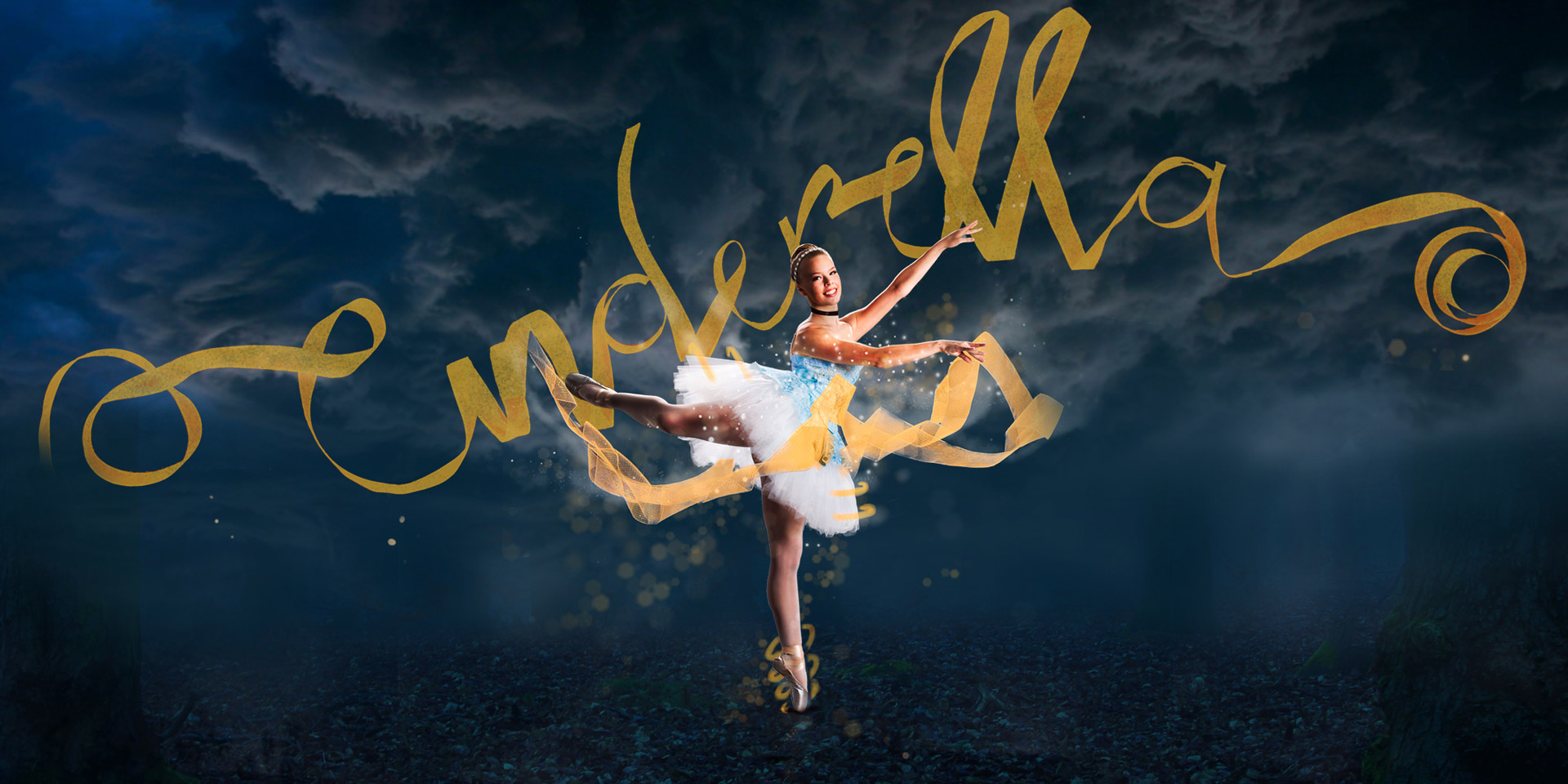 Dark, cloudy background with ballerina in short blue costume and Cinderella written in gold ribbon in foreground