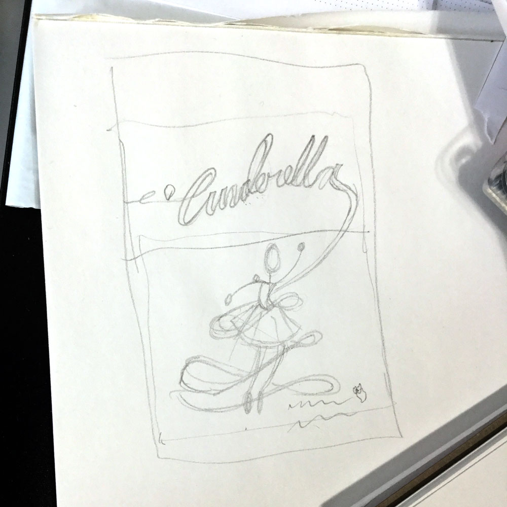 Sketchbook page displaying pencil drawing of Cinderella poster layout