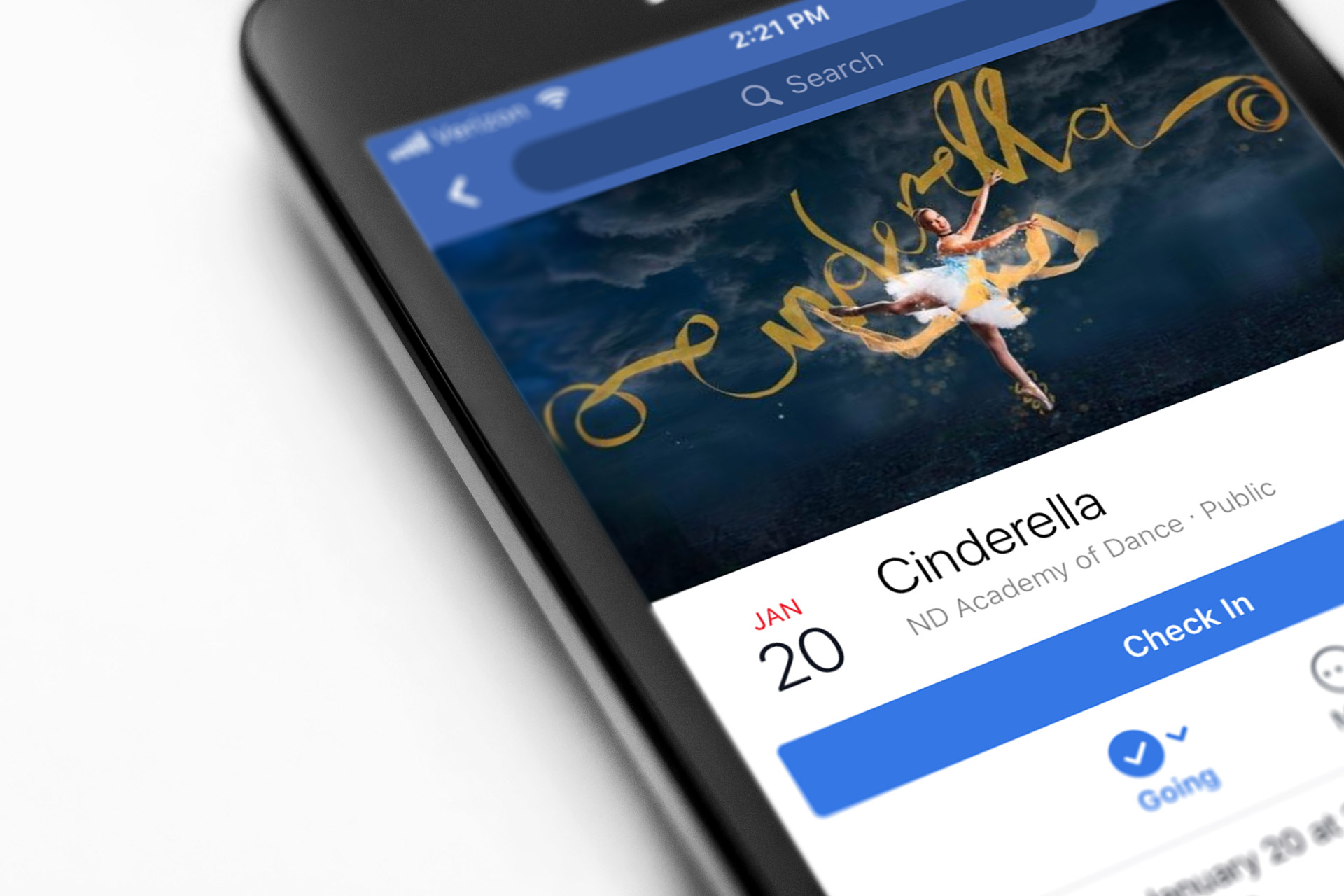 Close-up of iPhone displaying cover photo for Cinderella recital Facebook event