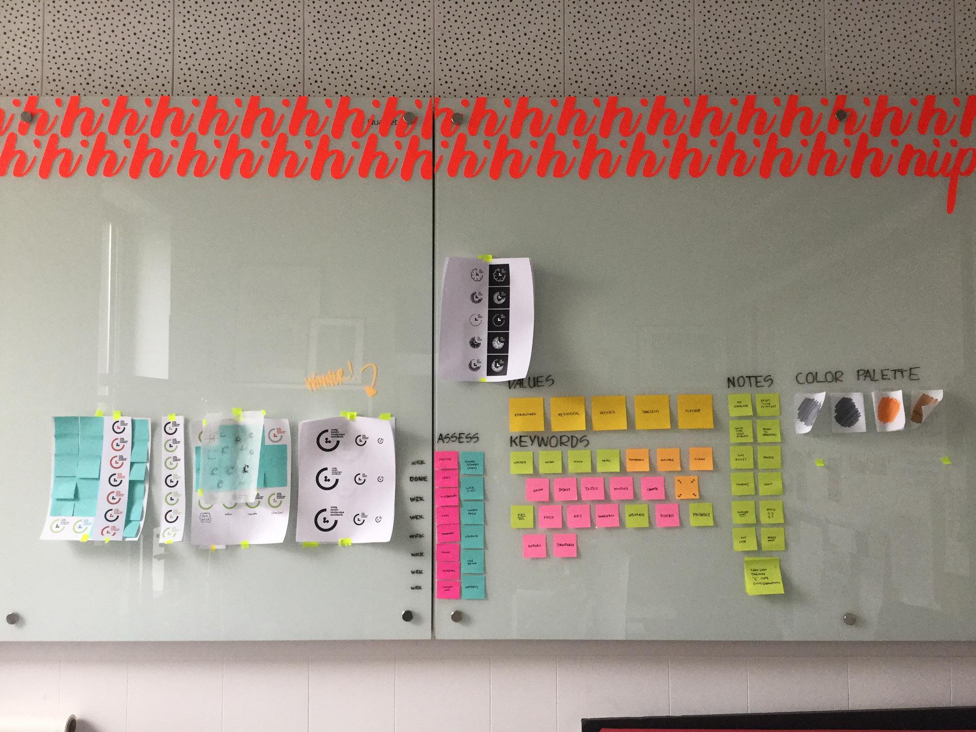 White board covered in printed logo concepts and colorful post-it notes used in ideation