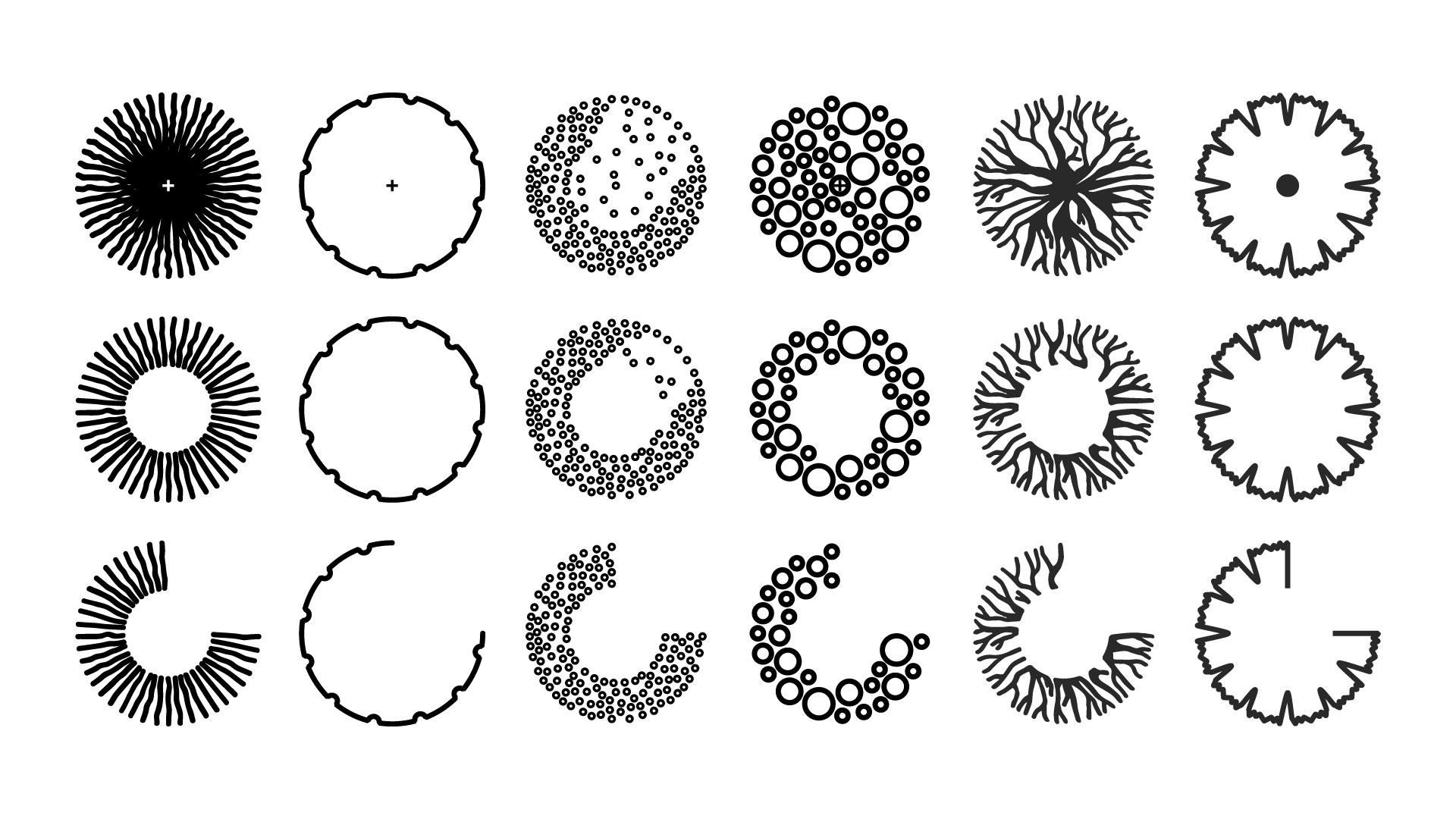 Iconography of six different styles of shrubs designed as part of CLLA's atomic design system