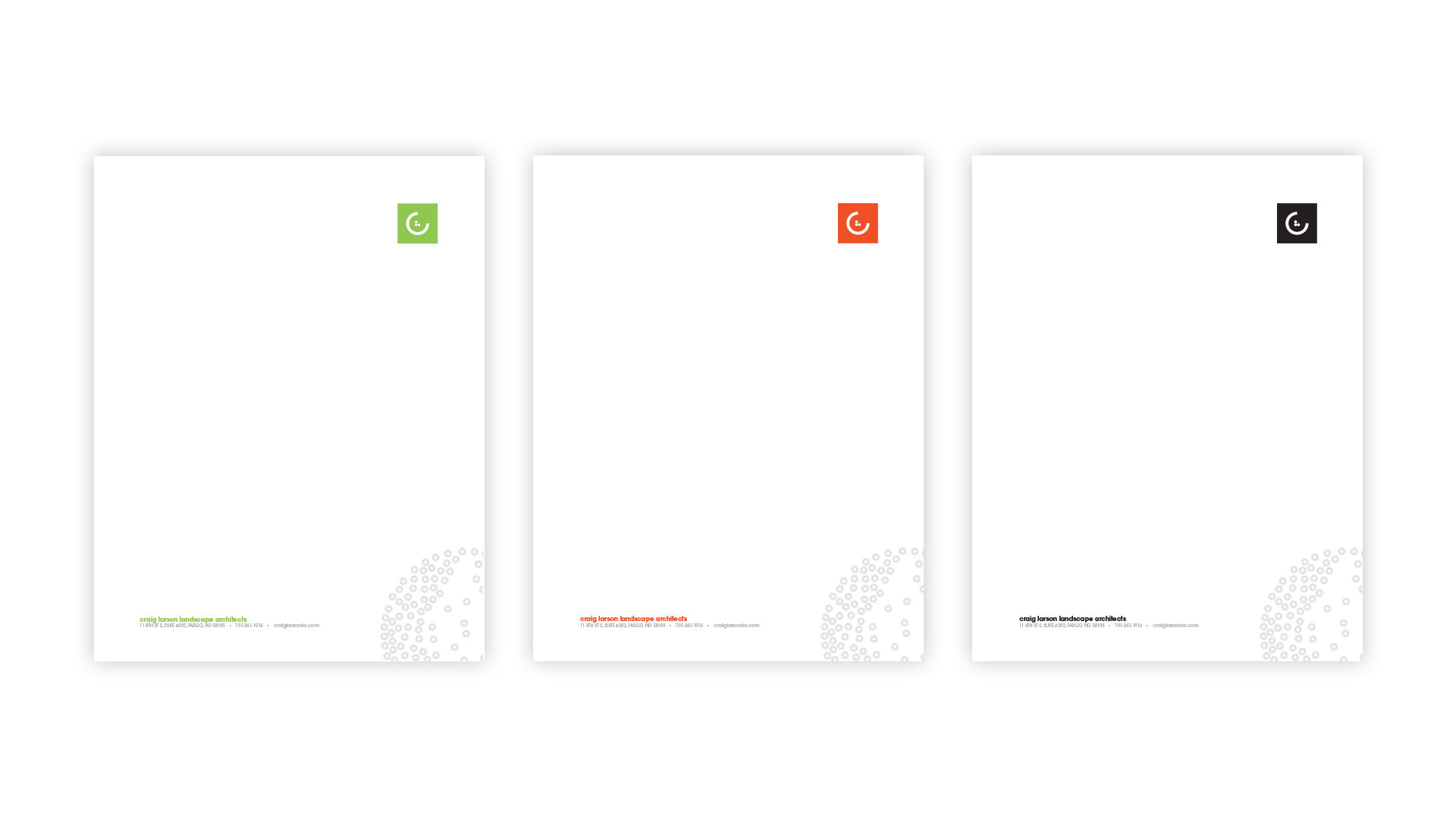 Green, red-orange, and black versions of CLLA branded letterhead
