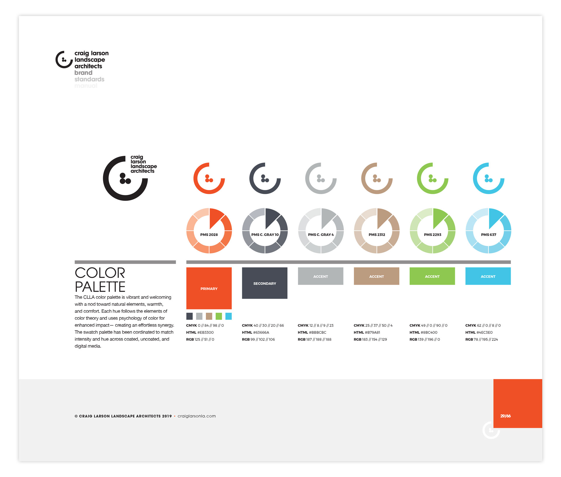 A single page of the brand identity manual displaying the CLLA color scheme