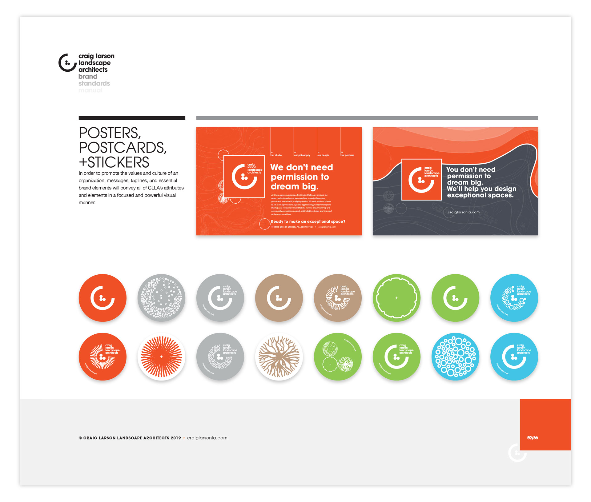 A brand identity manual page displaying two postcard designs and round stickers bearing variations of the CLLA logomark