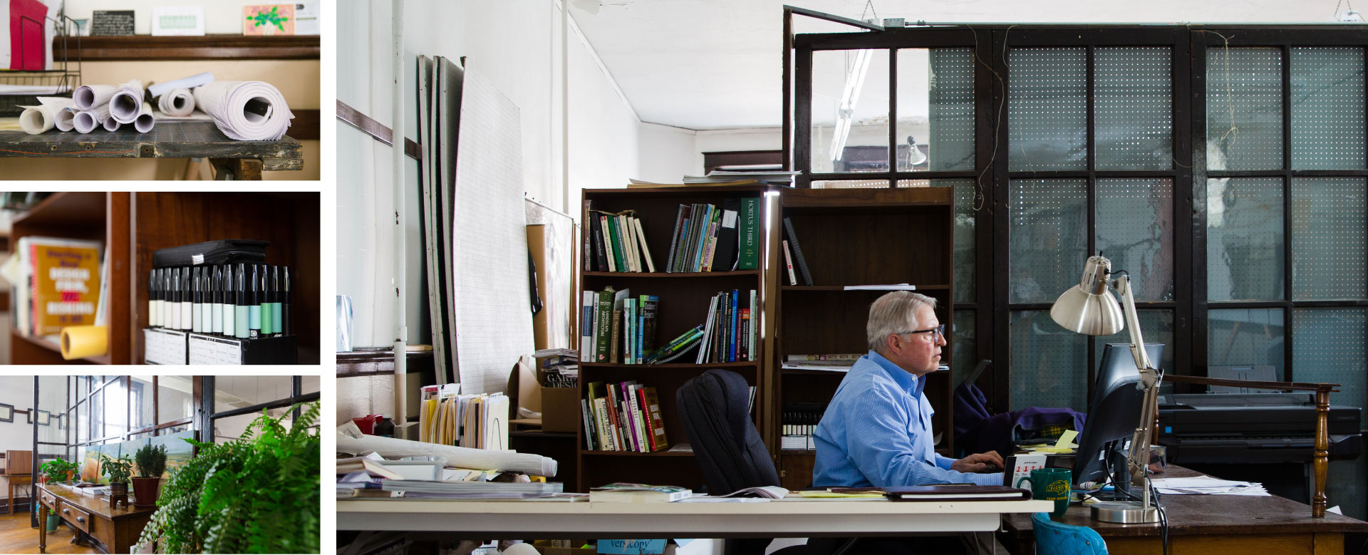 Photo grid of of blueprint rolls, markers, office plants, and a man sitting at a desk working on a computer