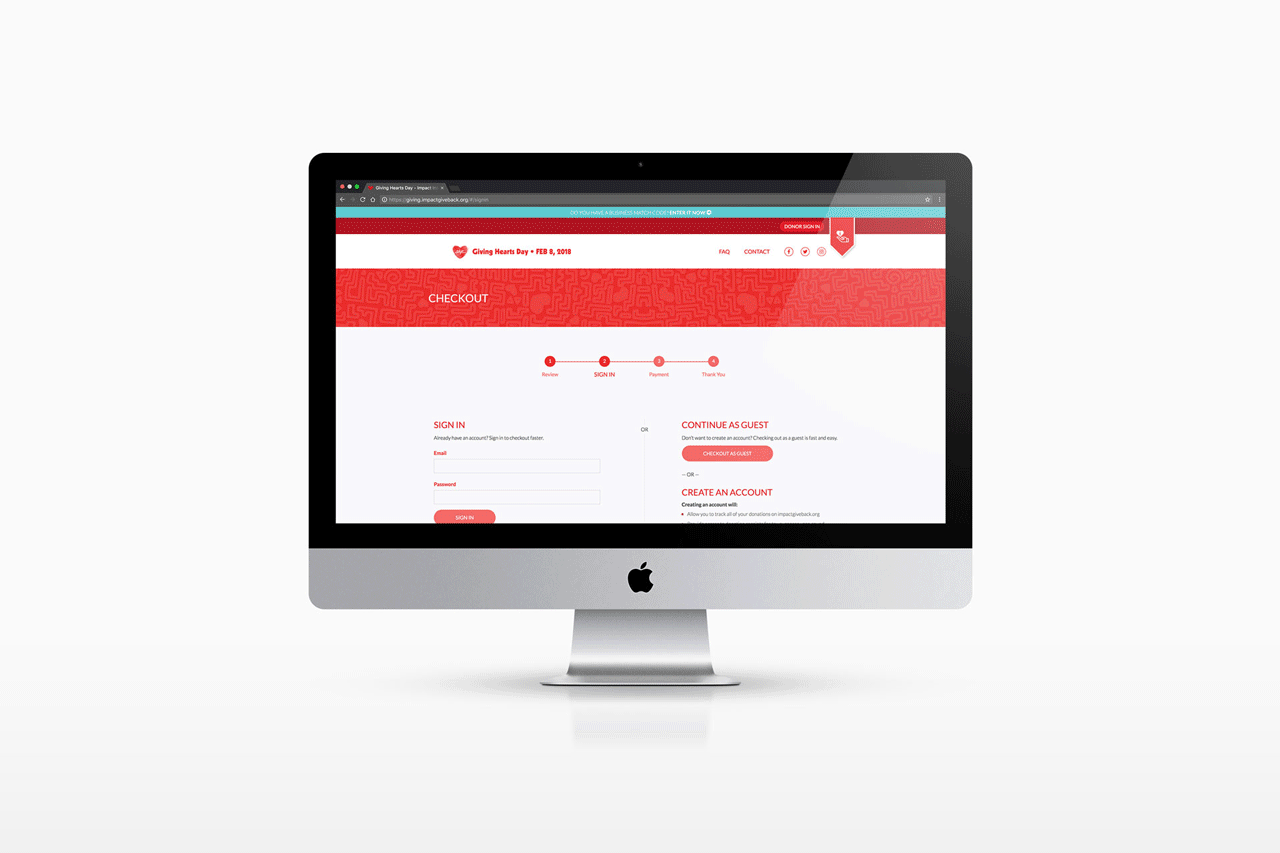 Mockup of revised, newly-designed Giving Hearts Day donation site UI on iMac
