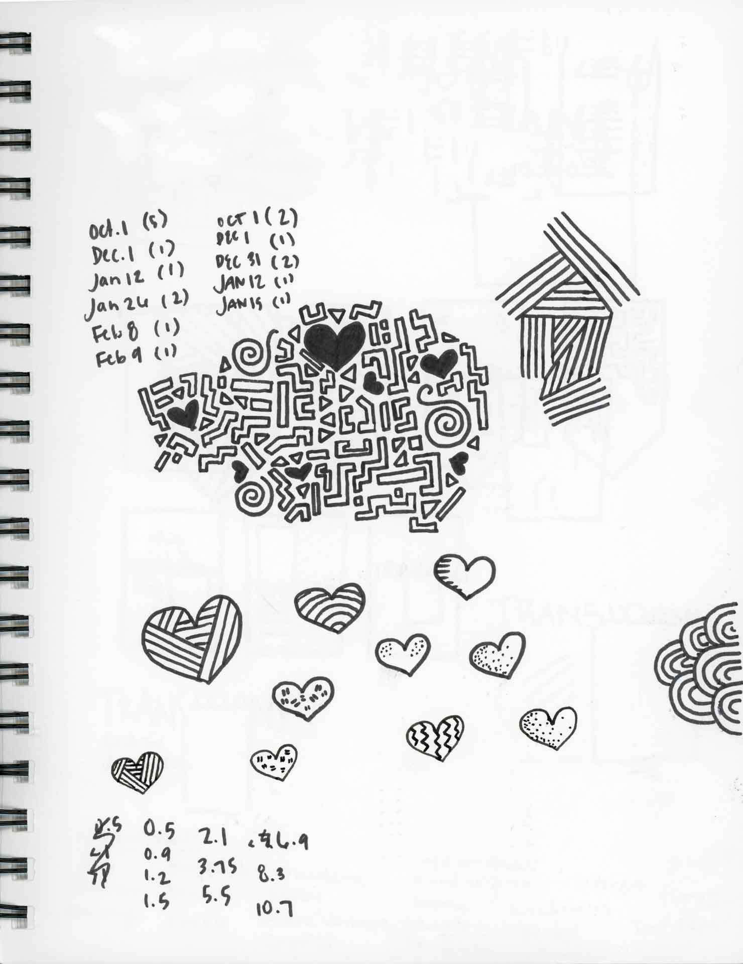 Single page of sketch book with sketches of patterns and hearts