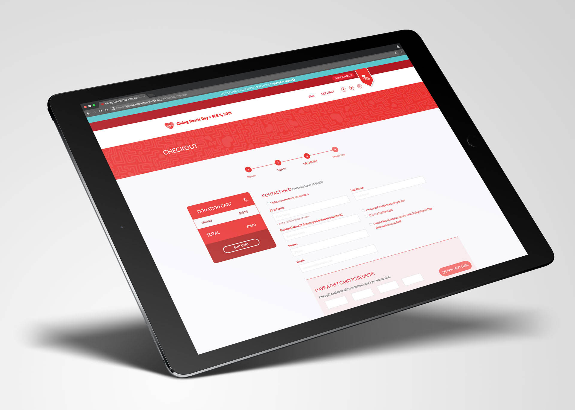 Mockup of iPad displaying Giving Hearts Day donation UI
