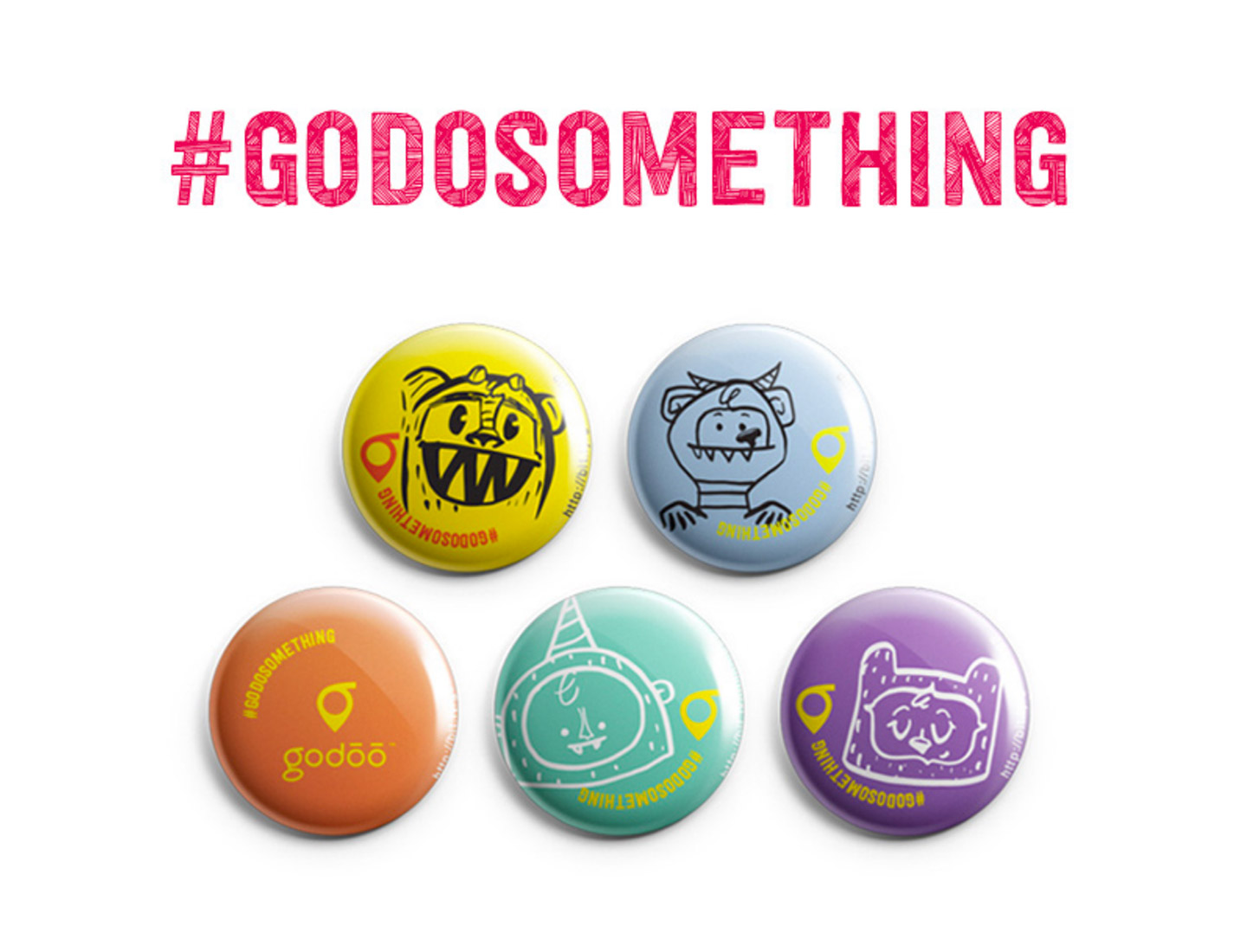 #godosomething hashtag with five colorful buttons featuring cute monster illustrations