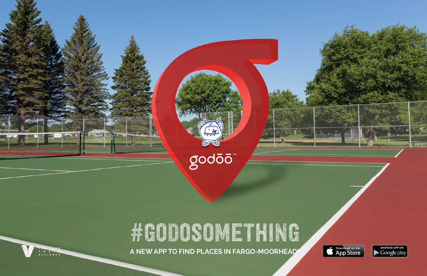 Godoo icon and cute monster in a tennis court with text #godosomething a new app to find places in Fargo-Moorhead