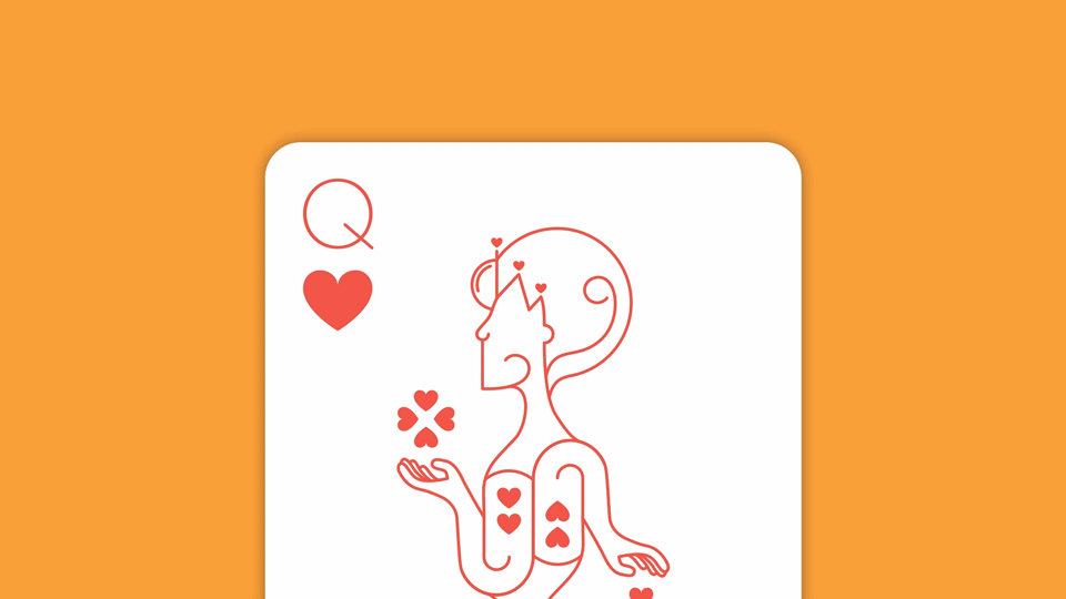 Animation of a heart becoming the queen's chin on a close-up of the king of hearts card