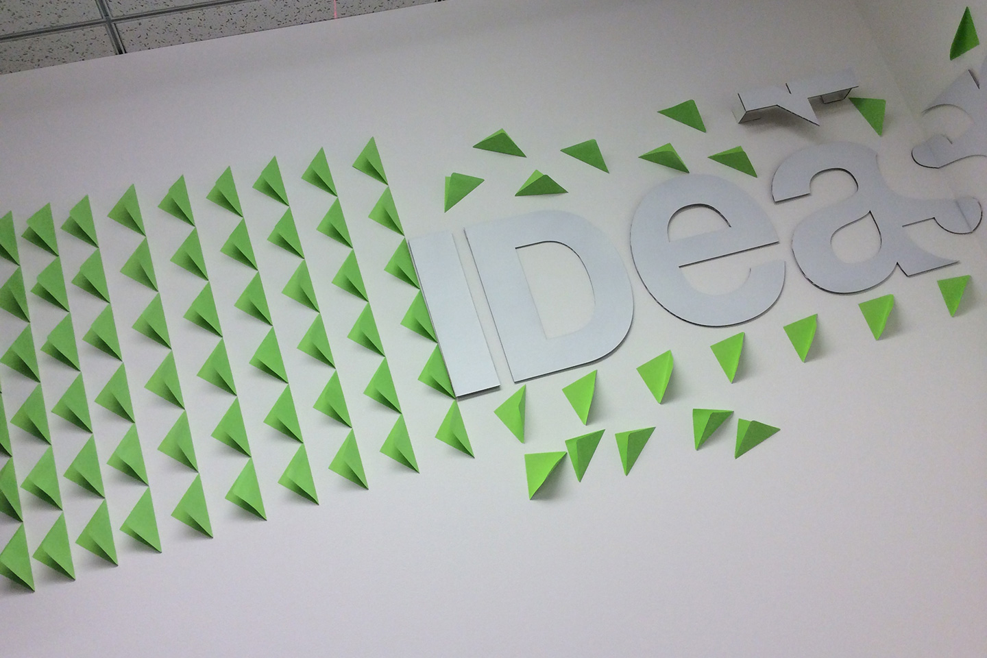 Green post-it notes on a white wall around the word IDea