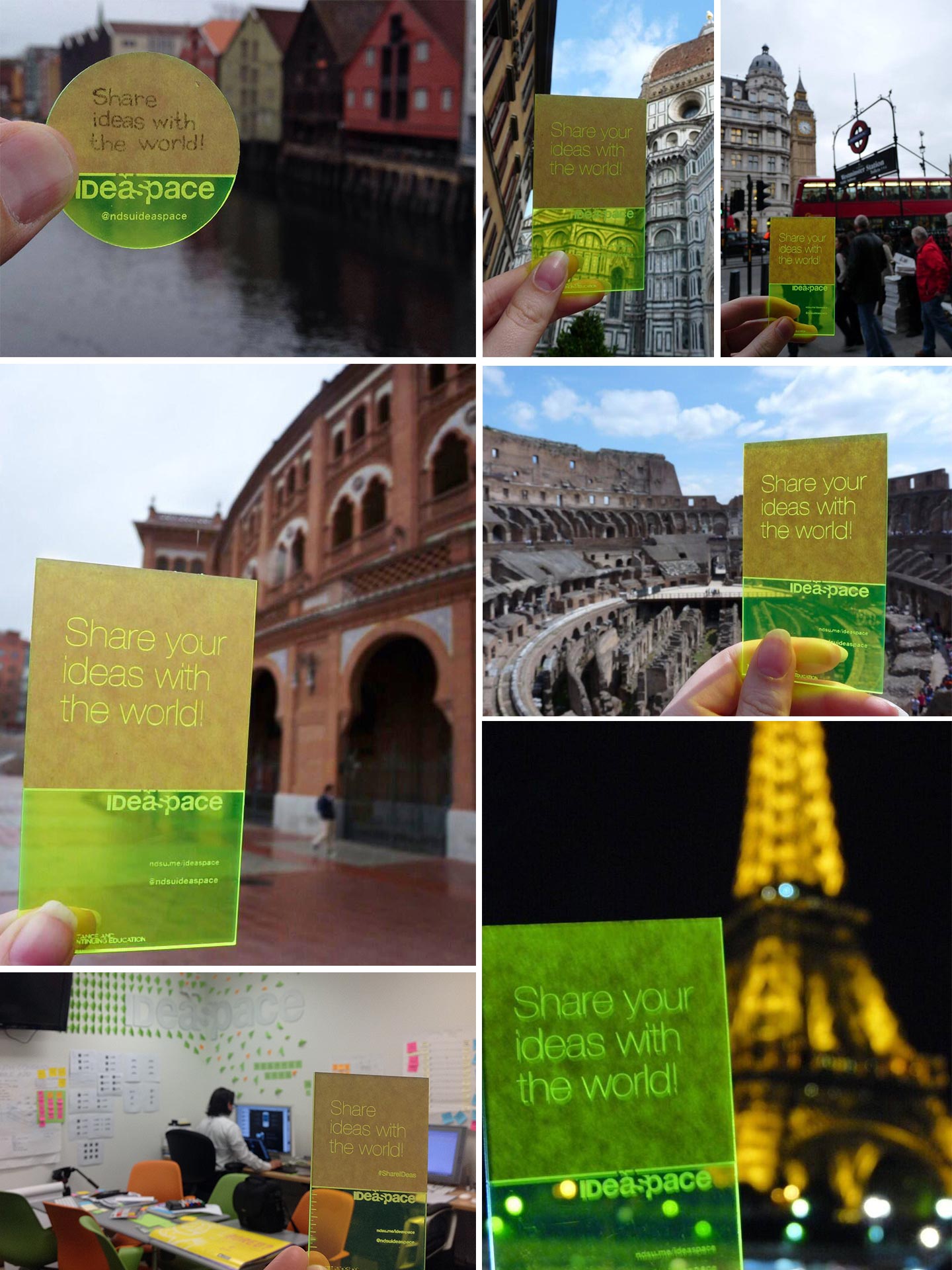 A grid of photos of hands holding lime green acrylic in front of famous landmarks across the world