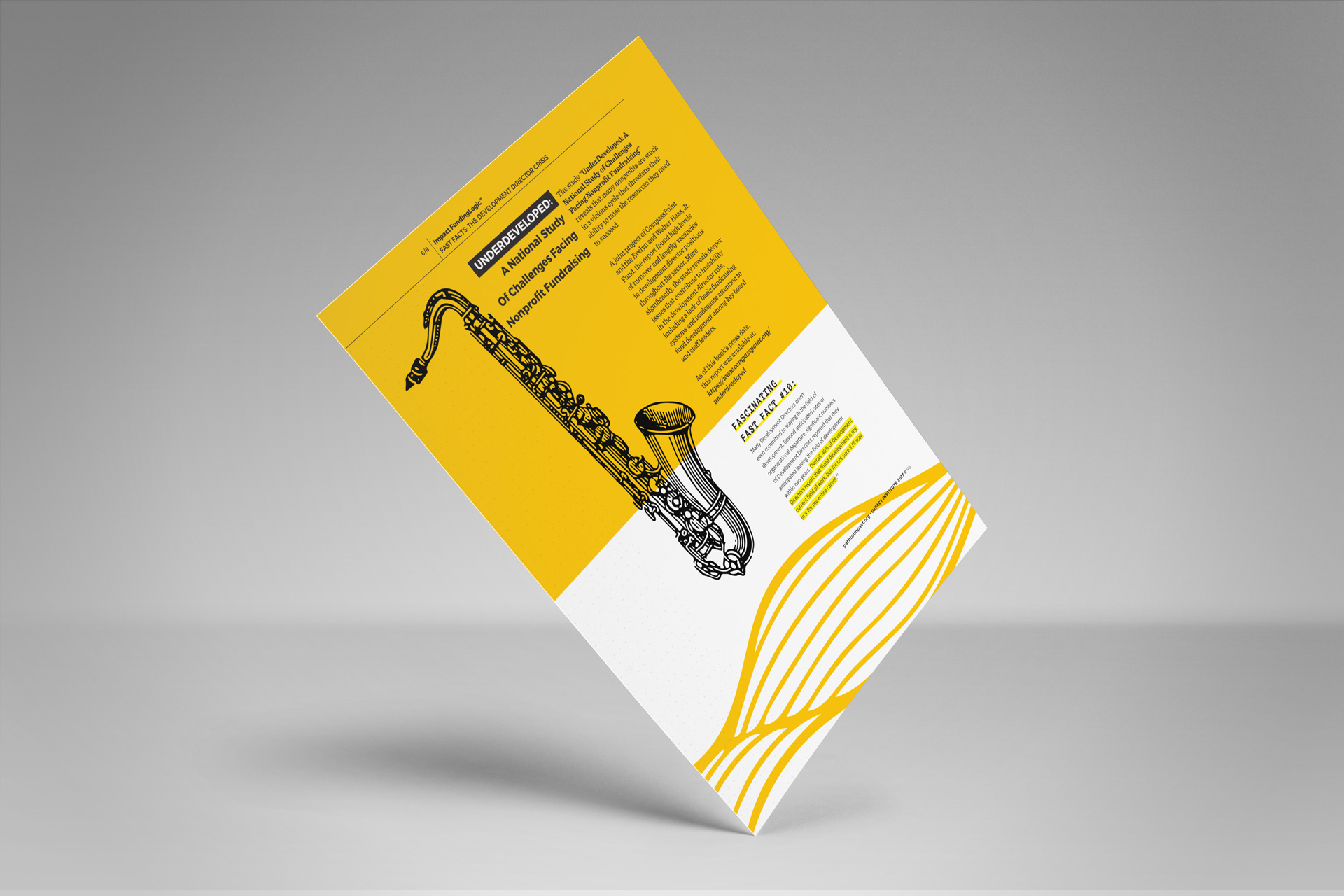 Mockup of a single page of a printed article with yellow accents and a black, hand-drawn saxophone on it