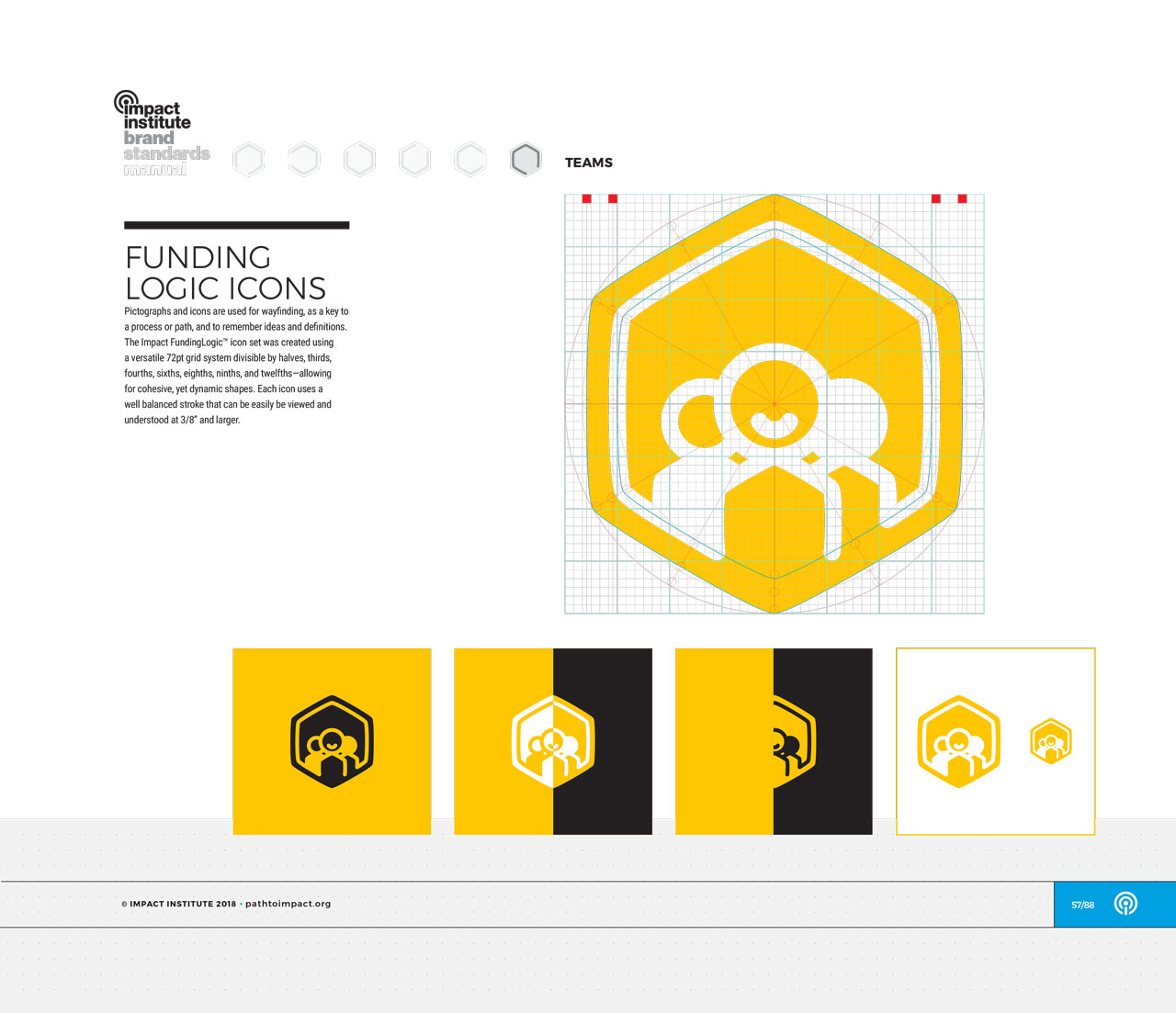 Single page from brand identity manual displaying yellow, hexagonal team icon