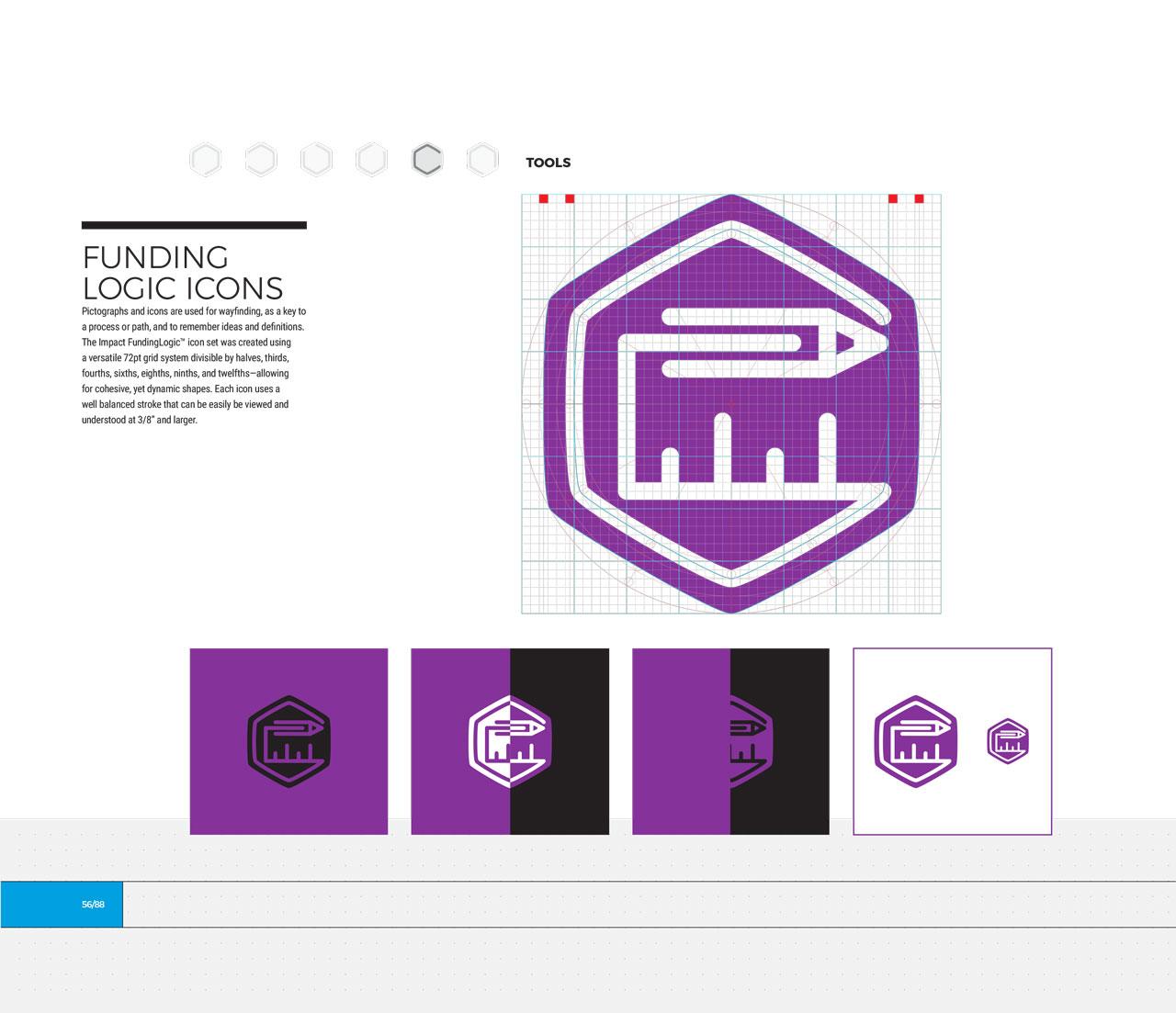 Single page from brand identity manual displaying purple, hexagonal tools icon