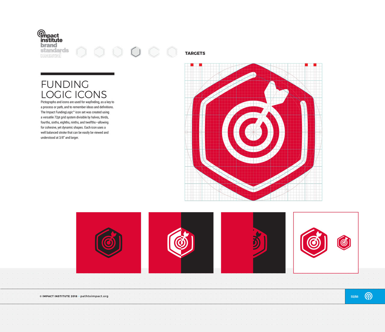 Single page from brand identity manual displaying red, hexagonal target icon