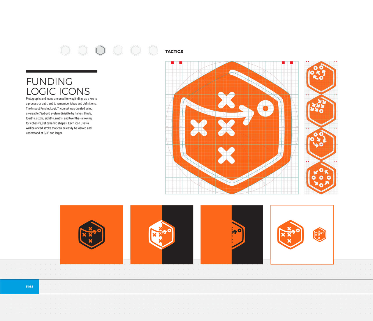 Single page from brand identity manual displaying orange, hexagonal tactics icon