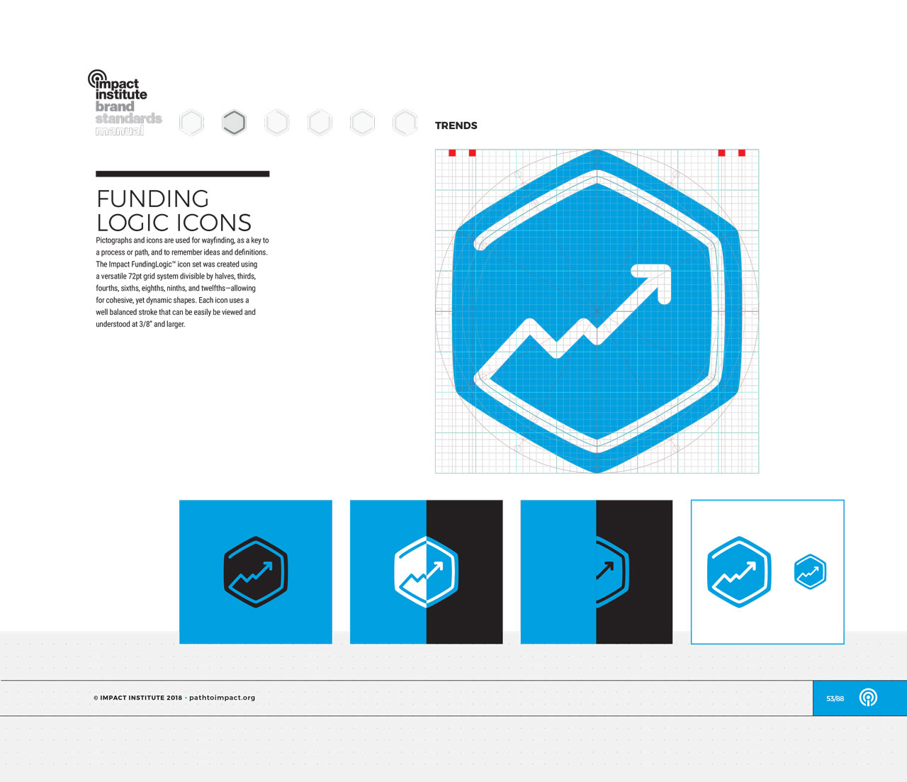 Single page from brand identity manual displaying blue, hexagonal trends icon