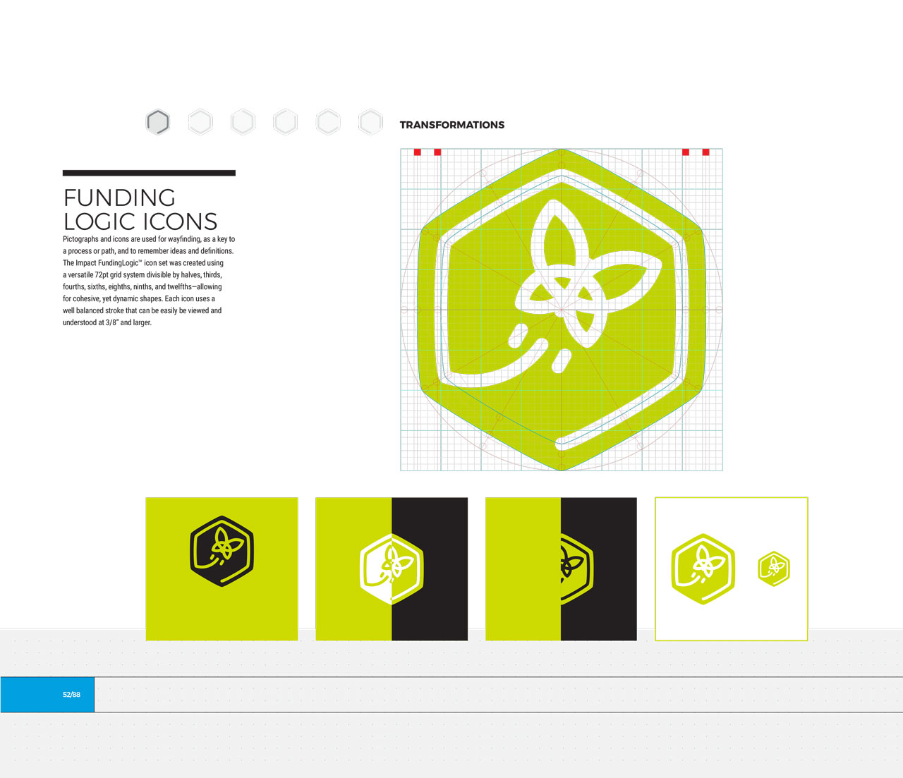 Single page from brand identity manual displaying green, hexagonal transformation icon