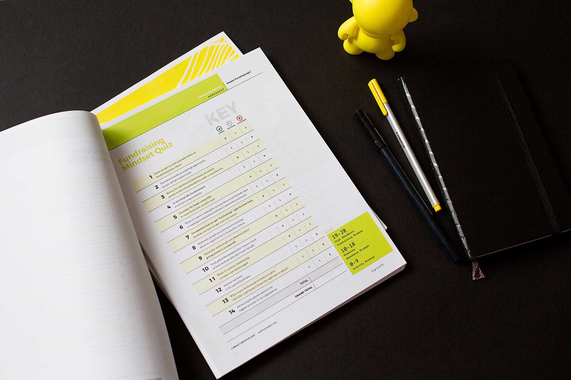 FundingLogic printed booklet open to a worksheet page next to pens and a yellow munny figurine on a black background