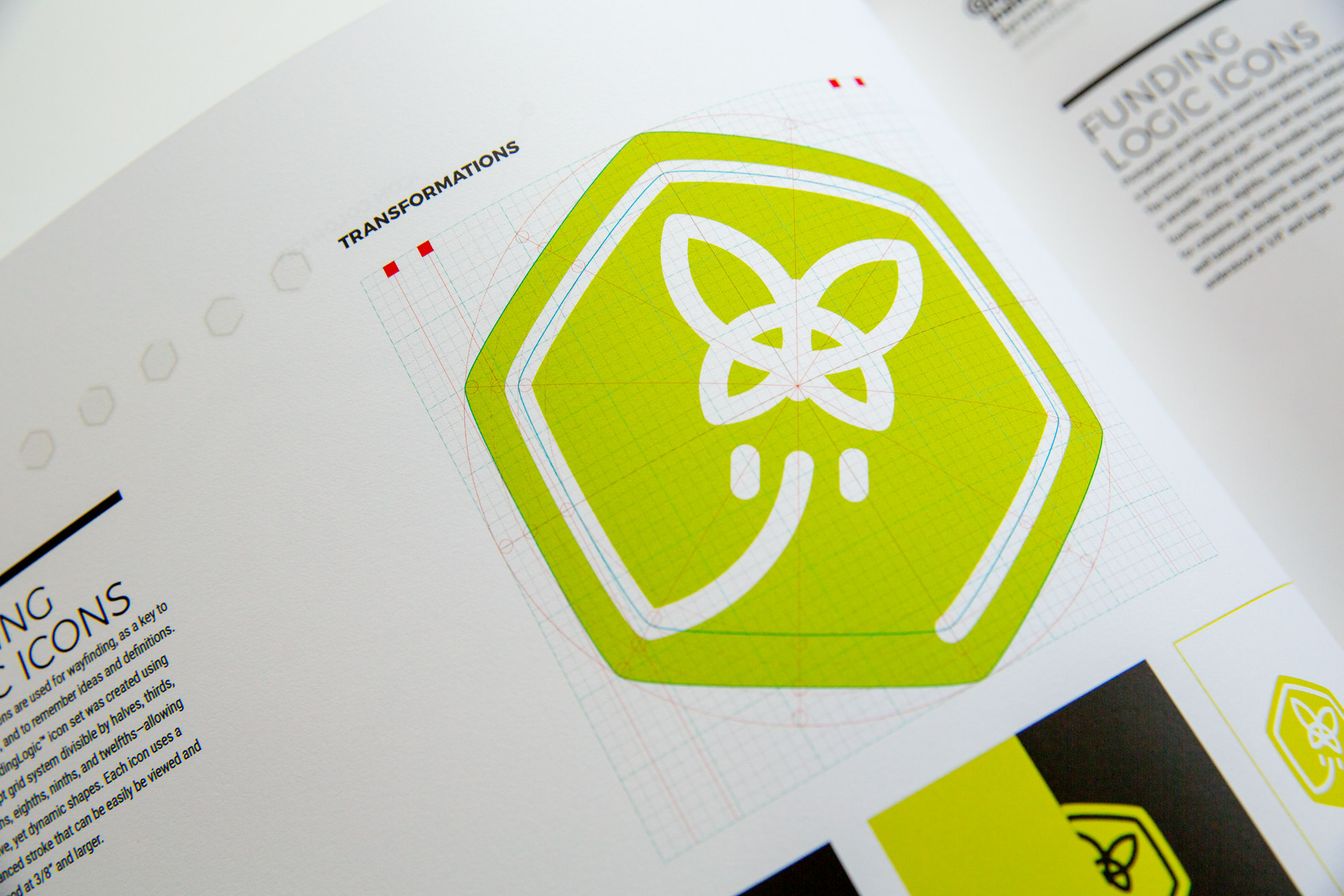 Green butterfly Transformations icon on white page of Impact brand guideline manual