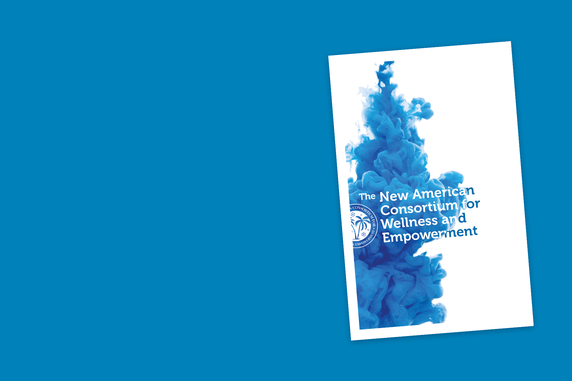 White brochure with blue smoke cloud on cover on blue background