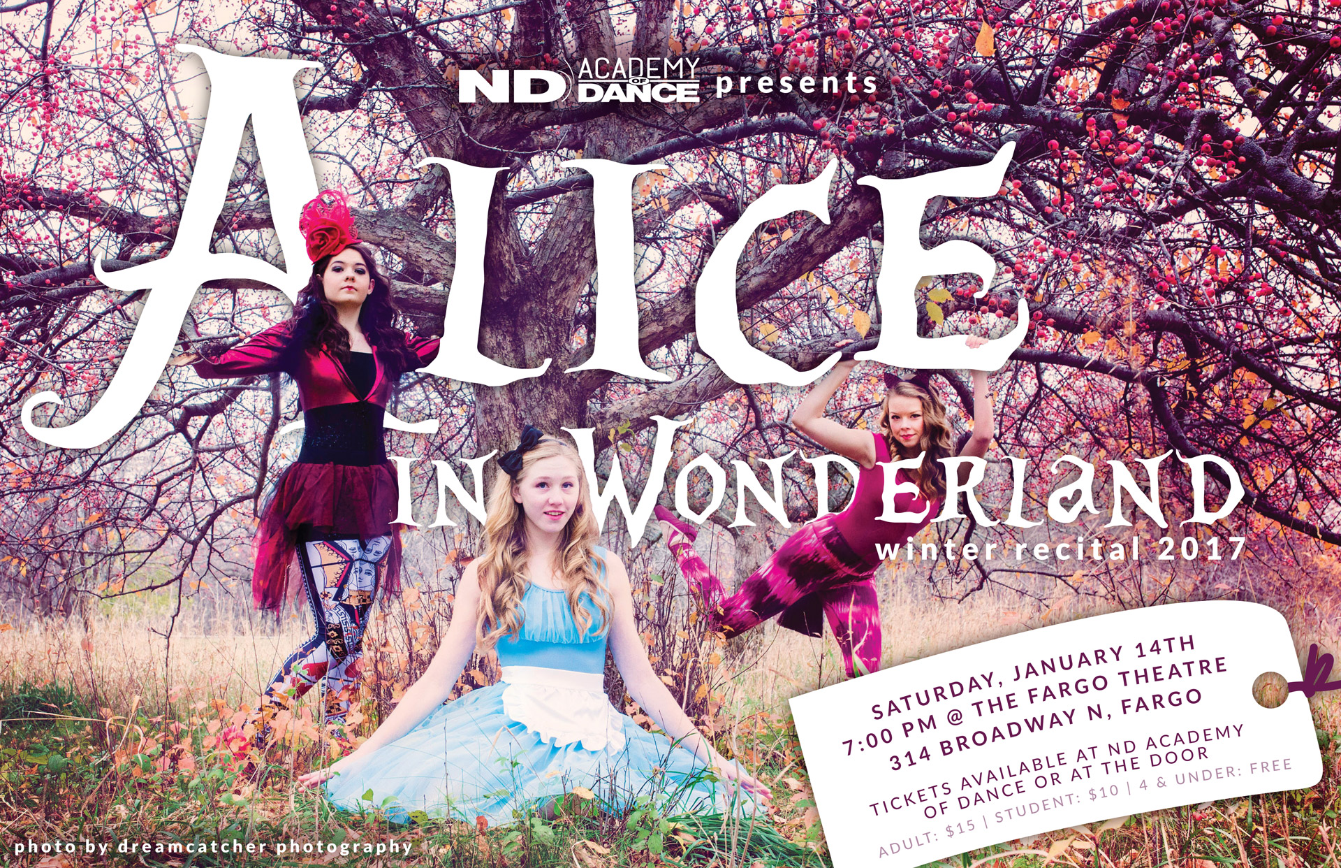 Alice in Wonderland poster with large white lettering and three dancers dressed as Alice, Queen of Hearts, and Cheshire Cat