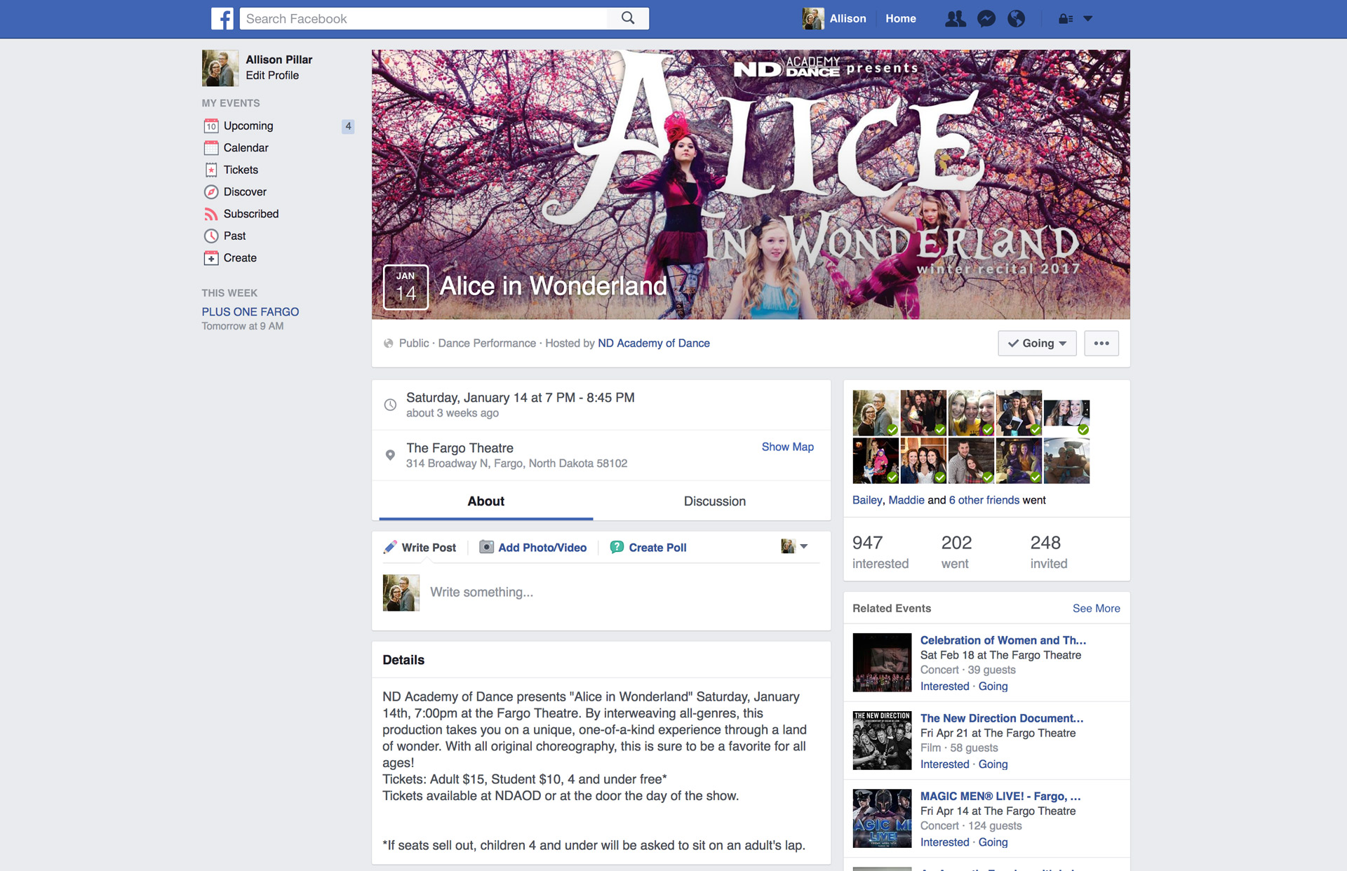 Screen capture of Alice in Wonderland Facebook event page