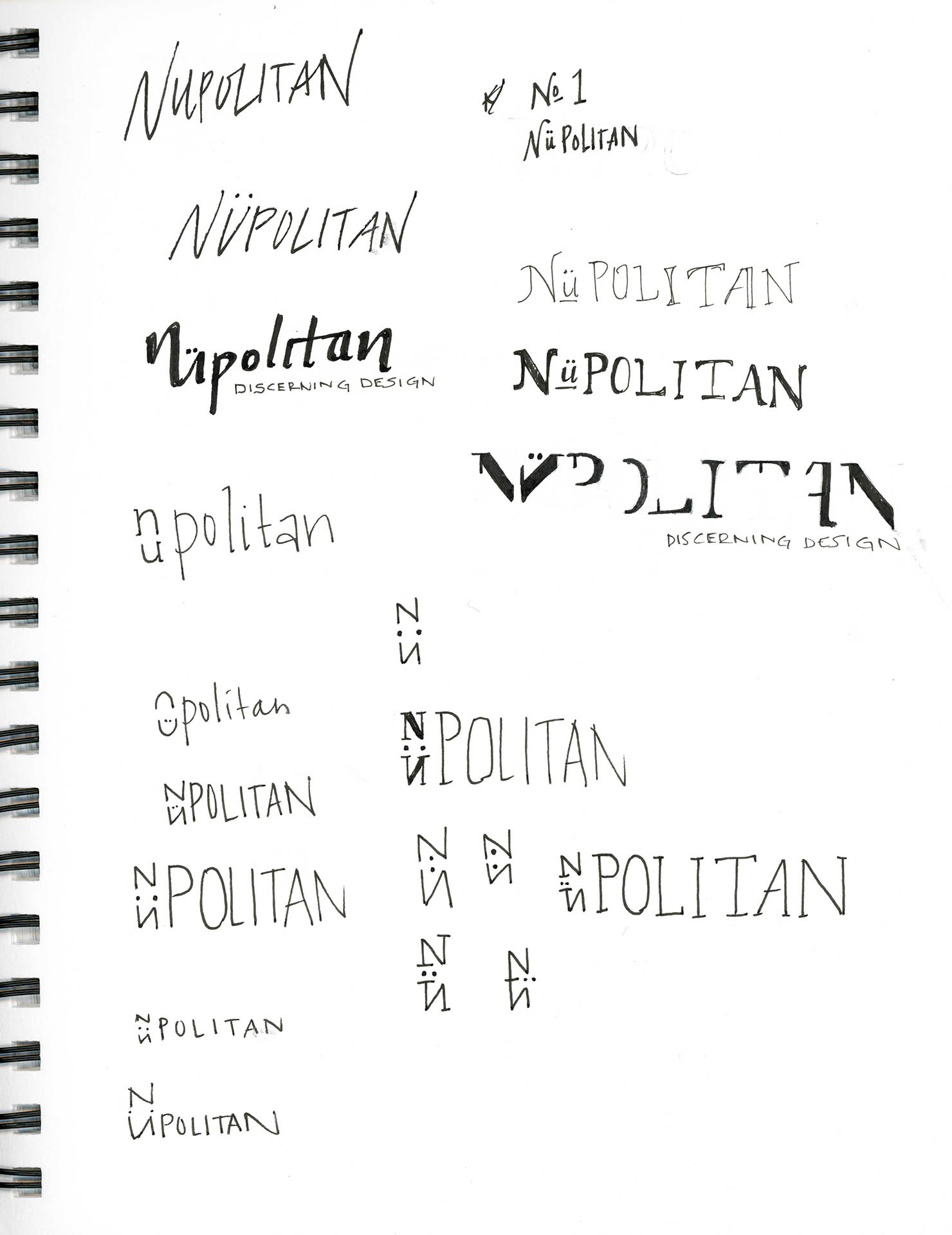 Scan of sketchbook page with iterations for Nüpolitan logo