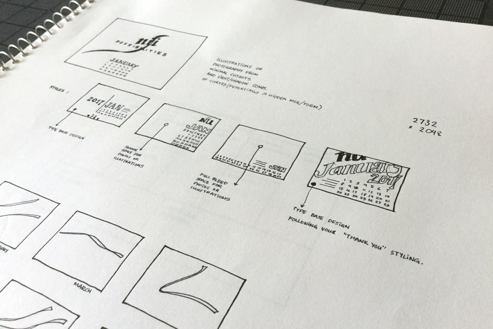 Sketchbook containing calendar sketch concepts