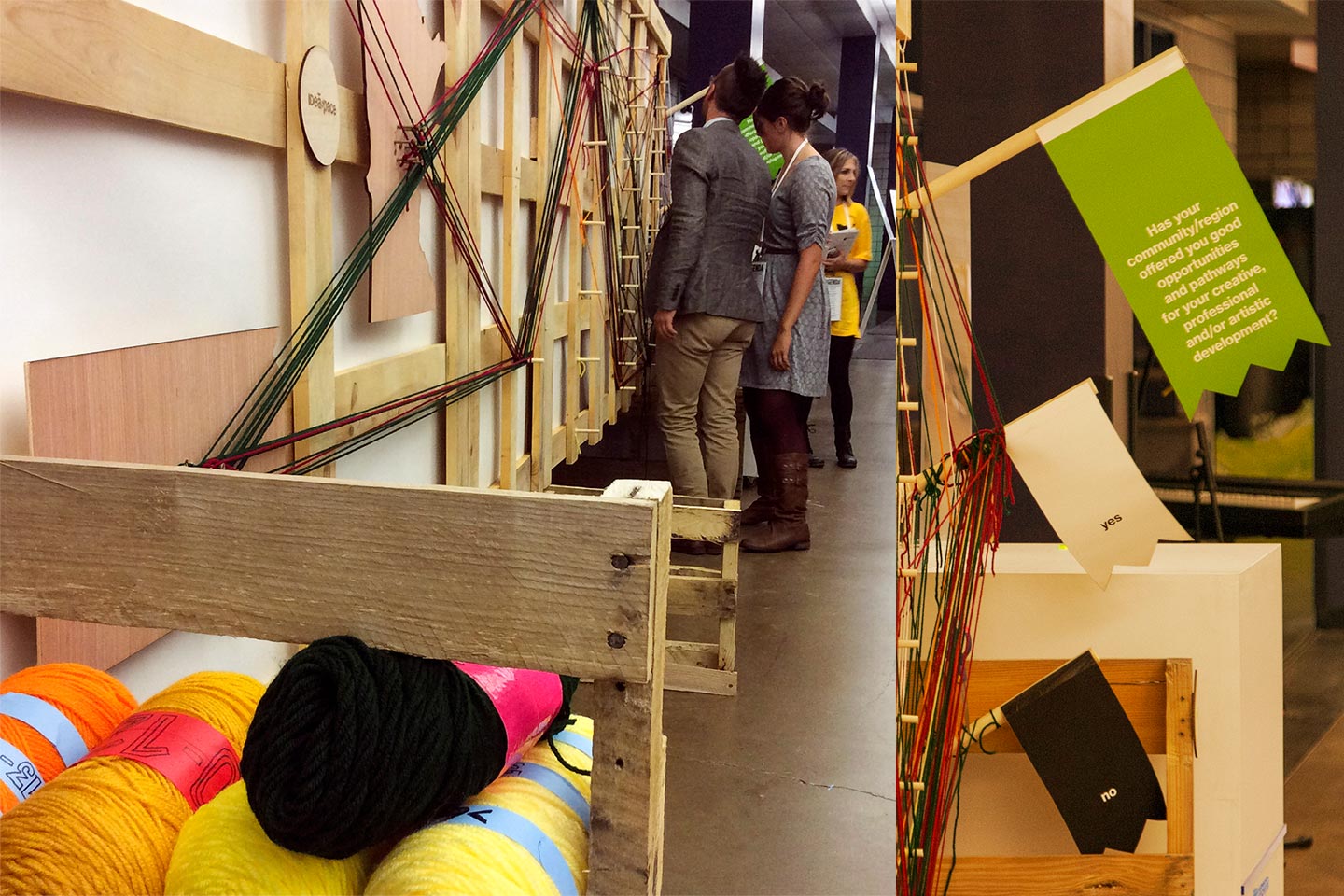 Group of people looking at wooden installation with yard in foreground