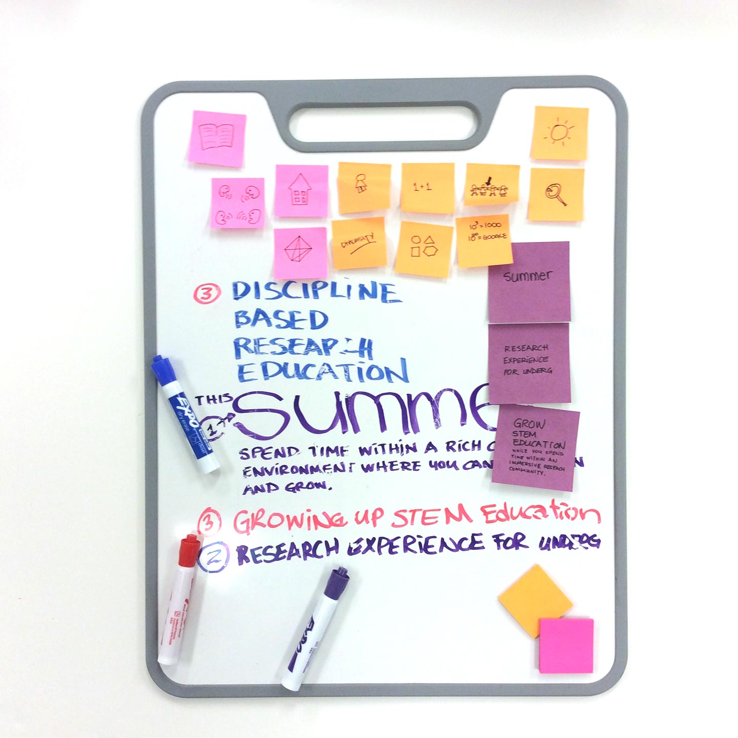 Whiteboard with gray border and handle covered in colorful post-it notes and writing