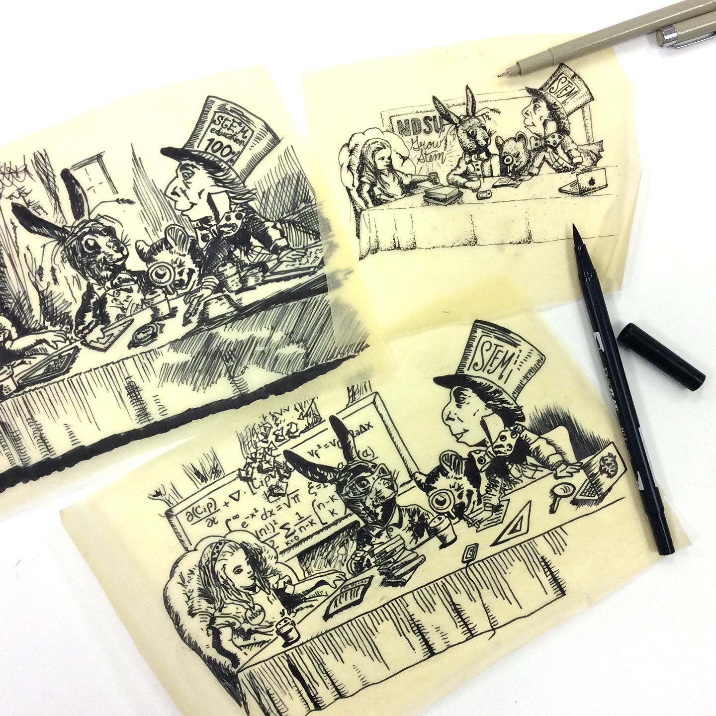 Sheets of tracing paper with black sketches from Alice and Wonderland on them next to a black pen on a white surface