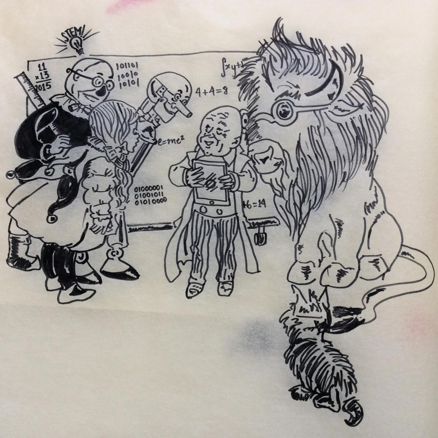Illustration of Wizard of Oz characters with a bison in place of the lion on tracing paper