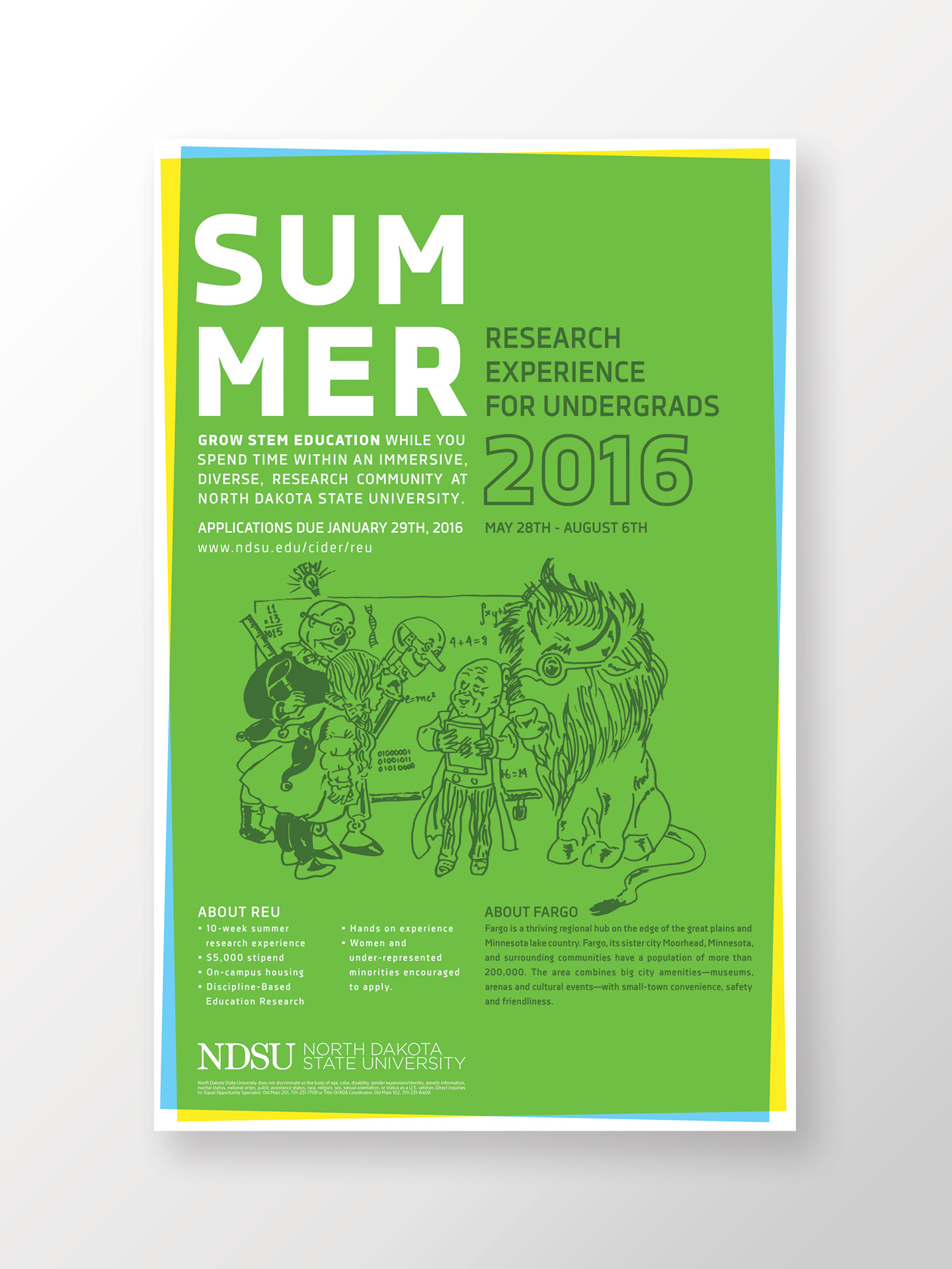 Green Poster featuring an illustration of a customized Wizard of Oz character sketch for NDSU REU