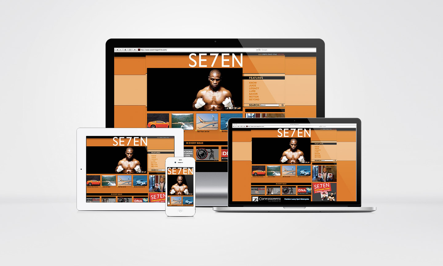 Four devices of differing sizes displaying the orange and black SE7EN website