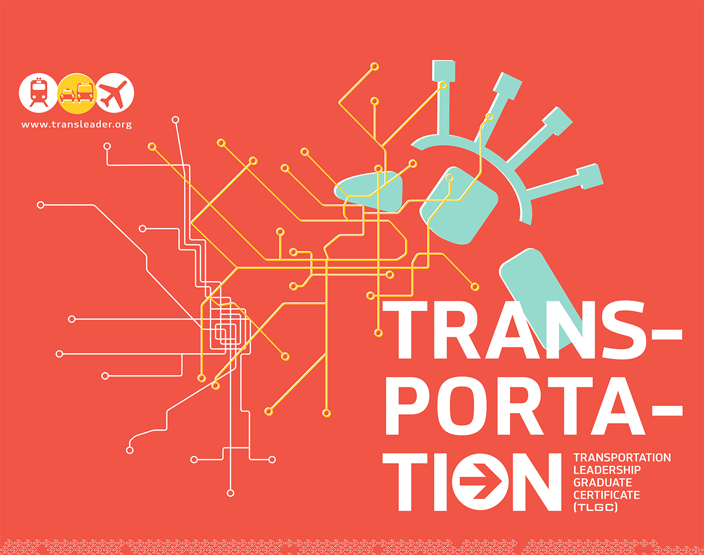 TRANSPORTATION written in white on an orange background with white and green line illustrations as accents