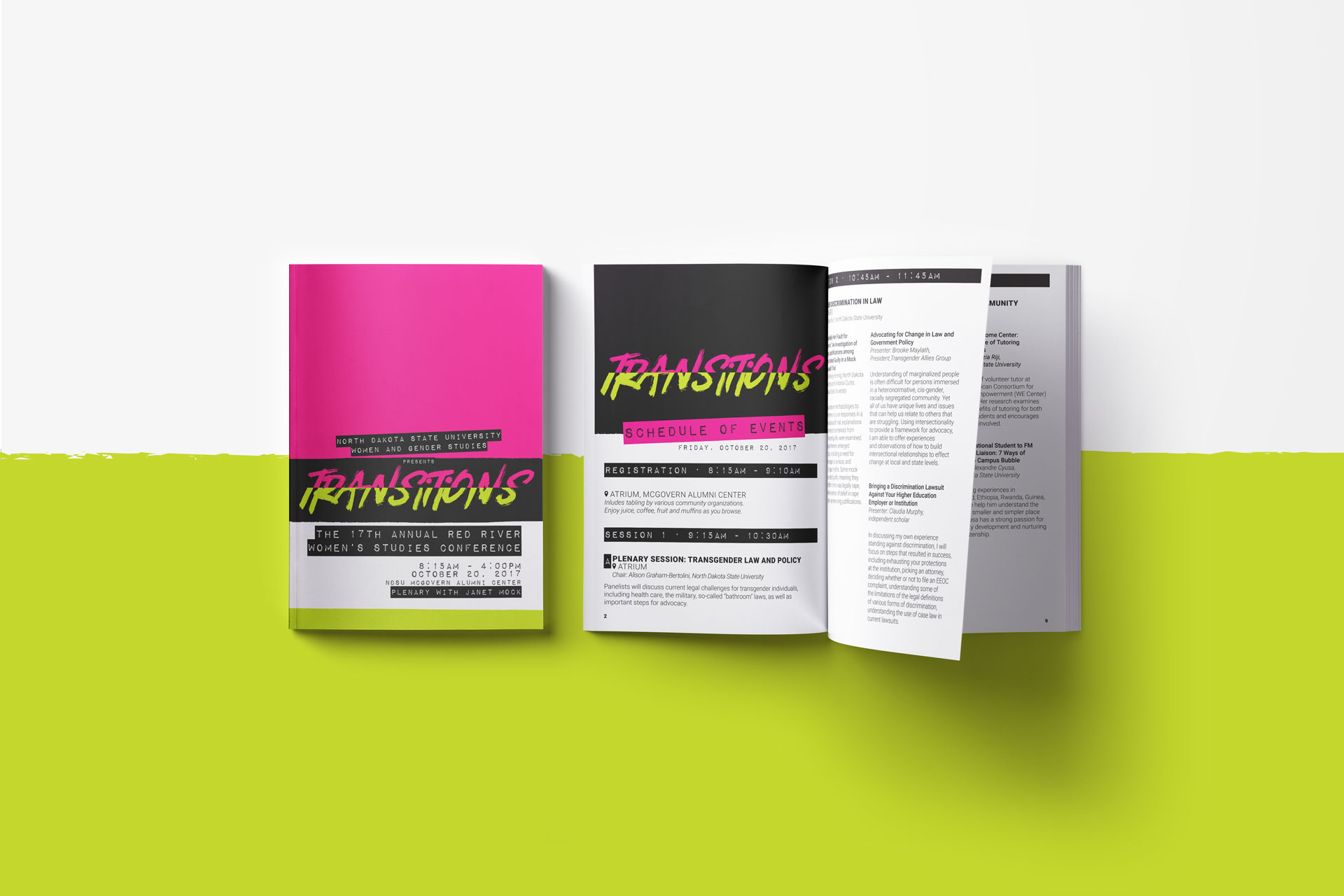 A closed, printed brochure next to an open brochure both in pink, black, and white on a lime green and white background