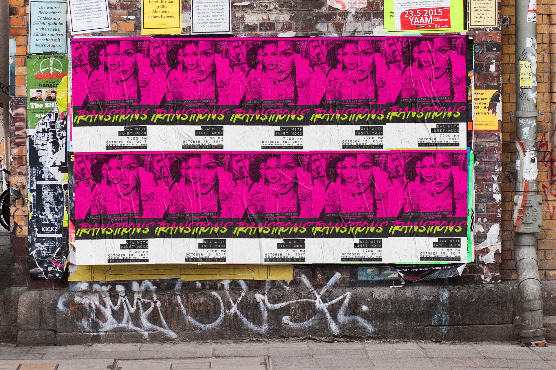 Black, pink, and white transformation poster plastered repeatedly on a city wall above graffiti